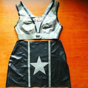 Latex 2-piece Medium Grey & Black top & mini skirt.